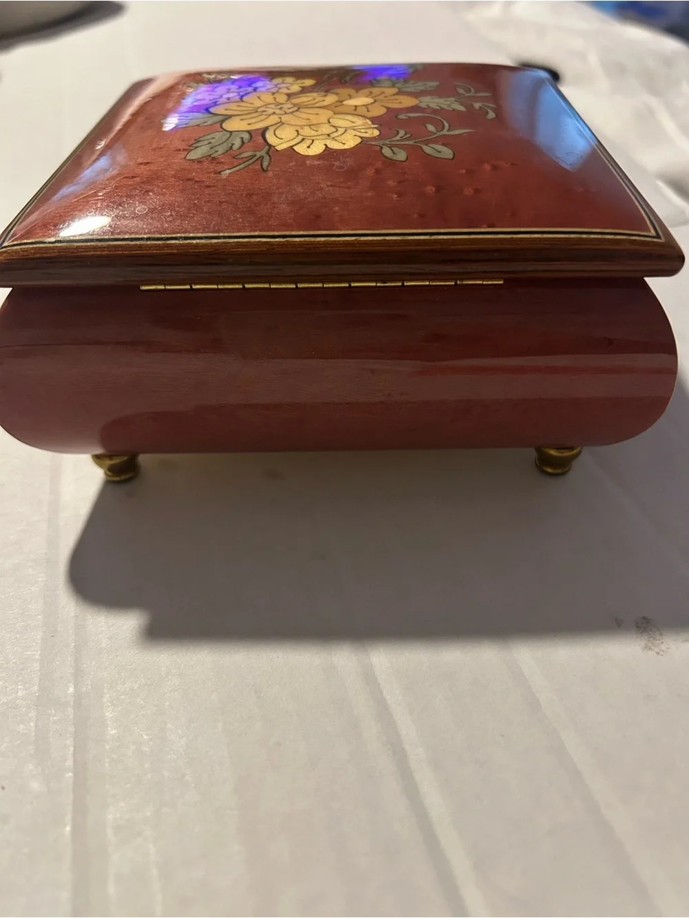 REUGE Swiss Music Jewelry Box Amazing Grace Italian Floral Inlay Burl Wood Vtg
